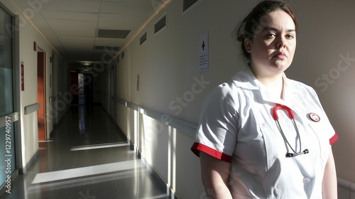 Female doctor wearing a white coat and red trim is standing in a hospital corridor with a concerned expression on her face, AI generated photo