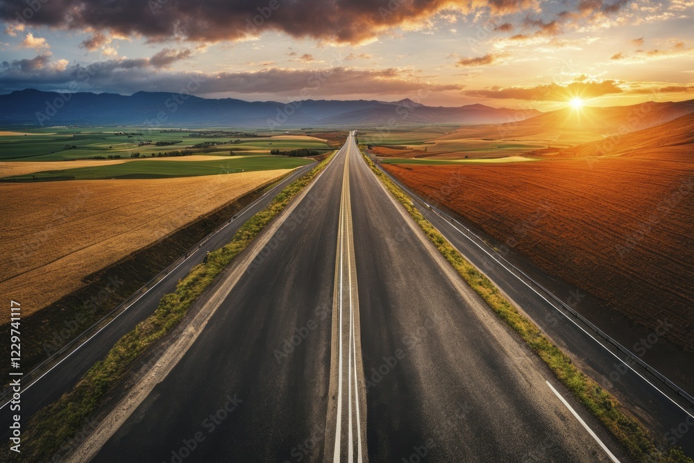 Naklejka premium Straight road at sunset stretching towards the horizon with fields and mountains on either side under a partly cloudy sky, AI generated