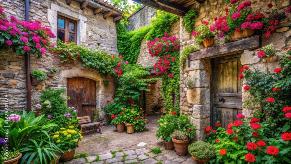 Fototapeta premium Ancient stone walls surrounded by lush greenery and vibrant flowers in a secluded courtyard with rustic charm and weathered wooden beams, flowers, architecture