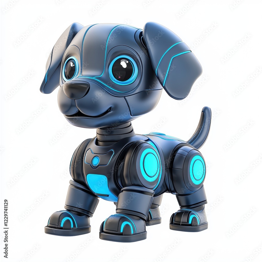 robotic dog with vibrant blue panels and a wagging tail, centered on a clean white background robotic dog with vibrant blue panels and a wagging tail, centered on a clean white background