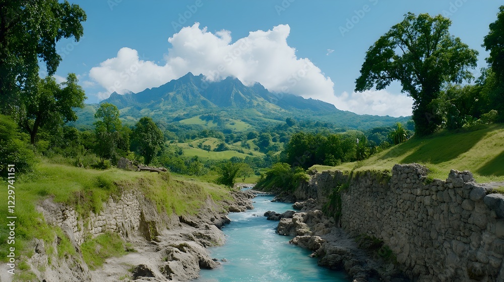 Scenic River Flowing Through Lush Green Valley with Mountains Scenic River Flowing Through Lush Green Valley with Mountains