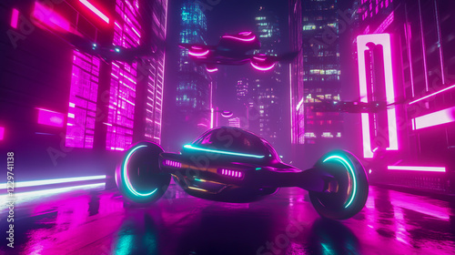 A futuristic city with neon lights, flying cars, and skyscrapers at night photo