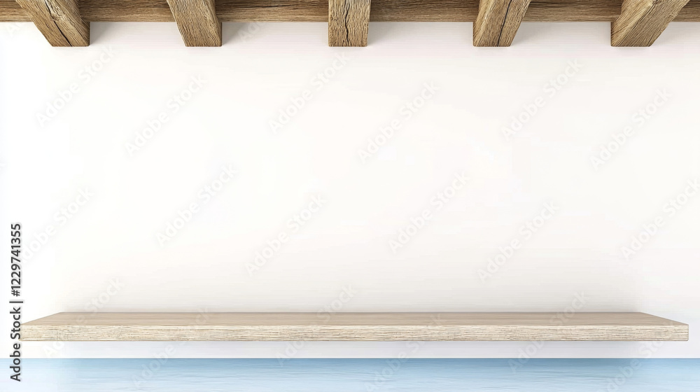 Obraz premium Empty Wooden Shelf on White Wall with Rustic Beams Perfect for Product Display and Mockups