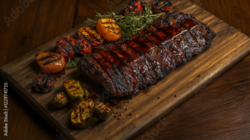 a gourmet smoked brisket with perfectly caramelized edges, surrounded by an assortment of grilled vegetables photo