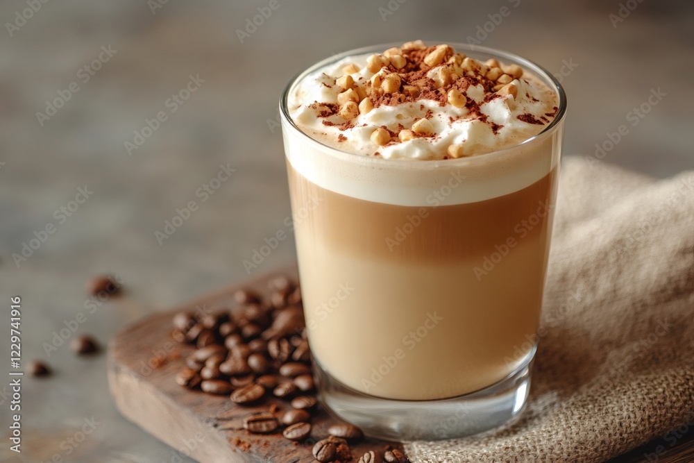 Delicious latte coffee with whipped cream, nuts and cocoa in a glass Delicious latte coffee with whipped cream, nuts and cocoa in a glass