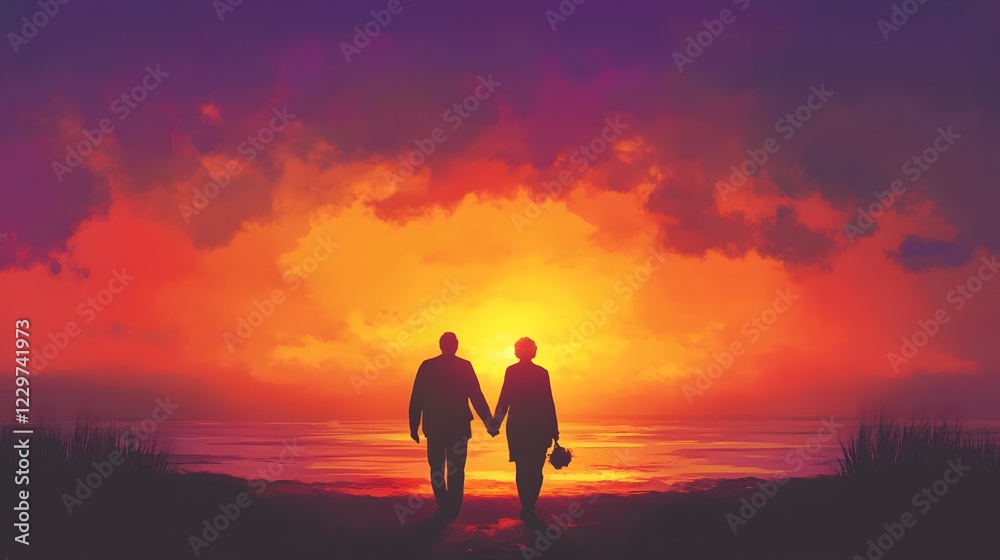 Elderly Couple Walking Hand in Hand Along Scenic Sunset Beach Elderly Couple Walking Hand in Hand Along Scenic Sunset Beach