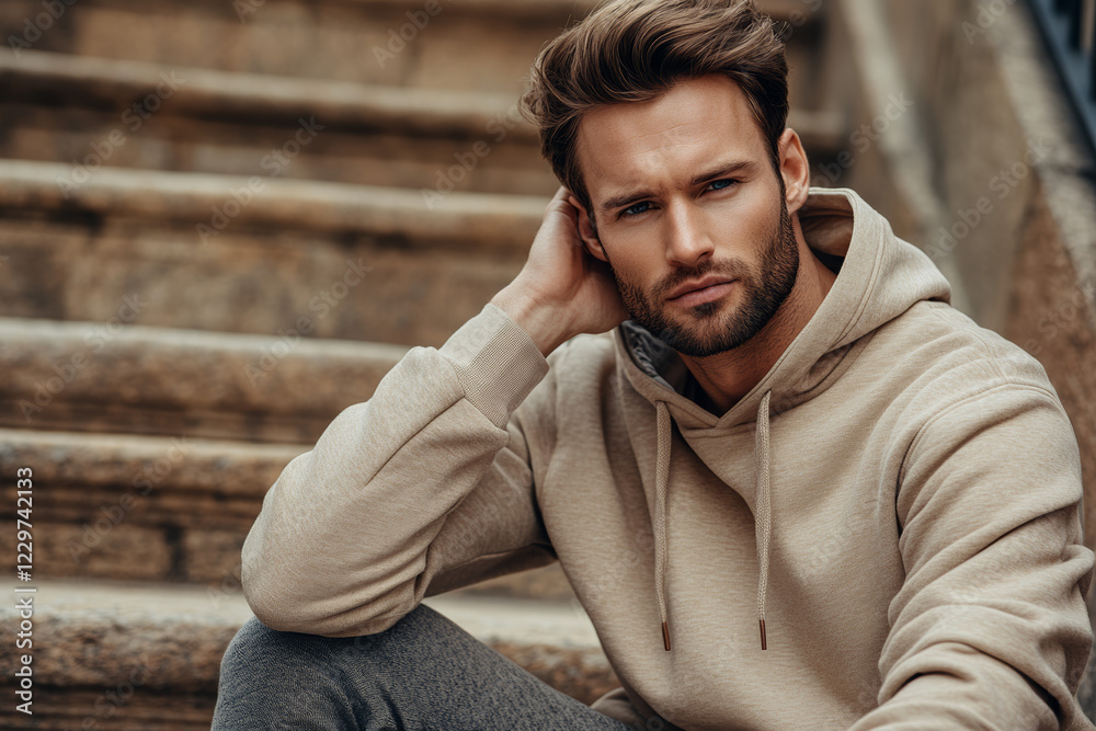 Stylish man in beige hoodie sitting on stone steps, showcasing casual fashion, confident expression, and a relaxed urban vibe, perfect for lifestyle, apparel, and marketing content. Stylish man in beige hoodie sitting on stone steps, showcasing casual fashion, confident expression, and a relaxed urban vibe, perfect for lifestyle, apparel, and marketing content.