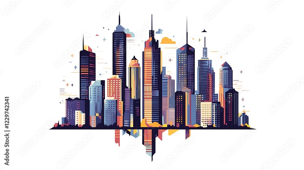 Obraz premium Colorful cityscape skyline, modern city, urban scene, illustration