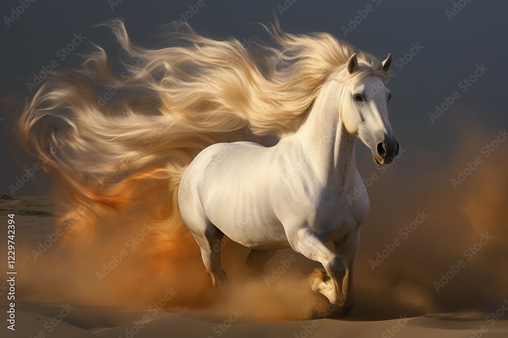 Obraz premium White horse with flamboyant mane galloping in sand, AI generated