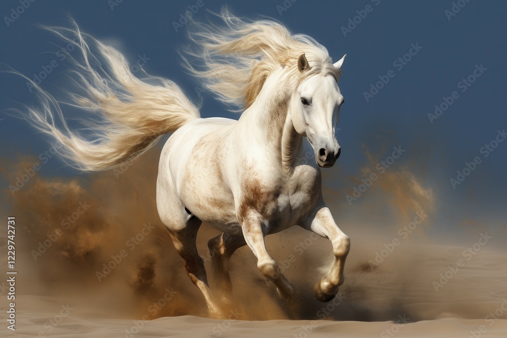 Obraz premium White horse with flamboyant mane galloping in sand, AI generated
