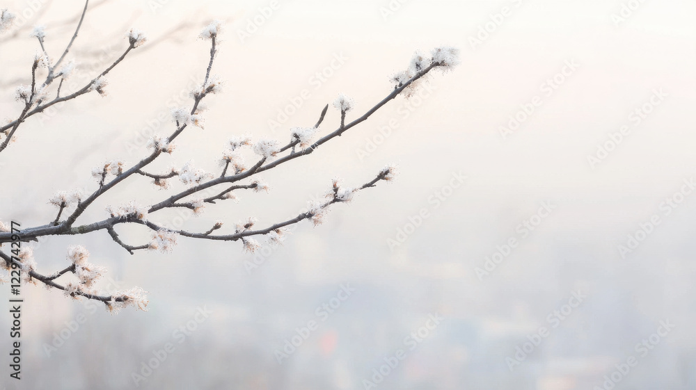 Closeup of tree branch with frost, blurred background of hazy city. serene winter scene evokes sense of calm and tranquility amidst urban landscape Closeup of tree branch with frost, blurred background of hazy city. serene winter scene evokes sense of calm and tranquility amidst urban landscape