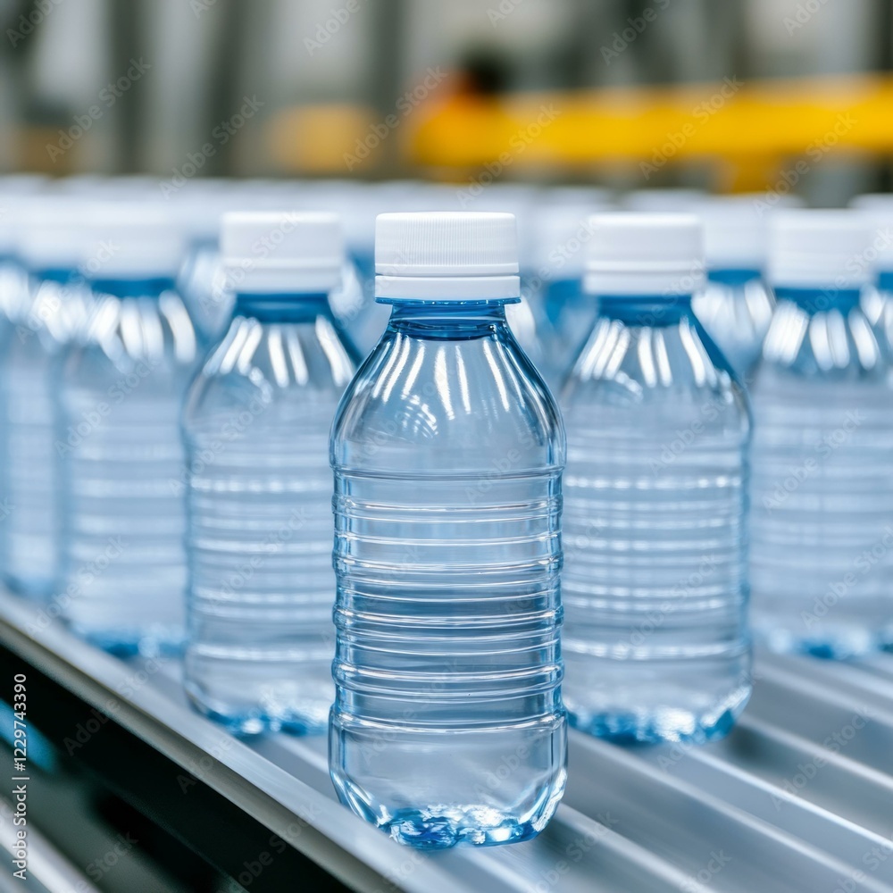 Row of clear plastic water bottles on a conveyor belt in a production line setting Row of clear plastic water bottles on a conveyor belt in a production line setting