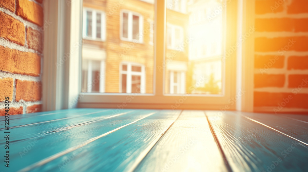 Fototapeta premium Sunny Day View Through Window Wooden Tabletop Brick Wall Background