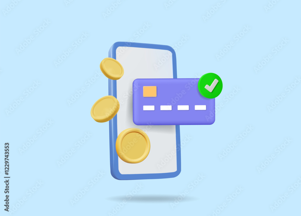 3D vector render illustration of smartphone, credit card and gold coin icons. With a check mark indicating a successful transaction. E-wallet concept, online payment, cashless technology. 3D vector render illustration of smartphone, credit card and gold coin icons. With a check mark indicating a successful transaction. E-wallet concept, online payment, cashless technology.