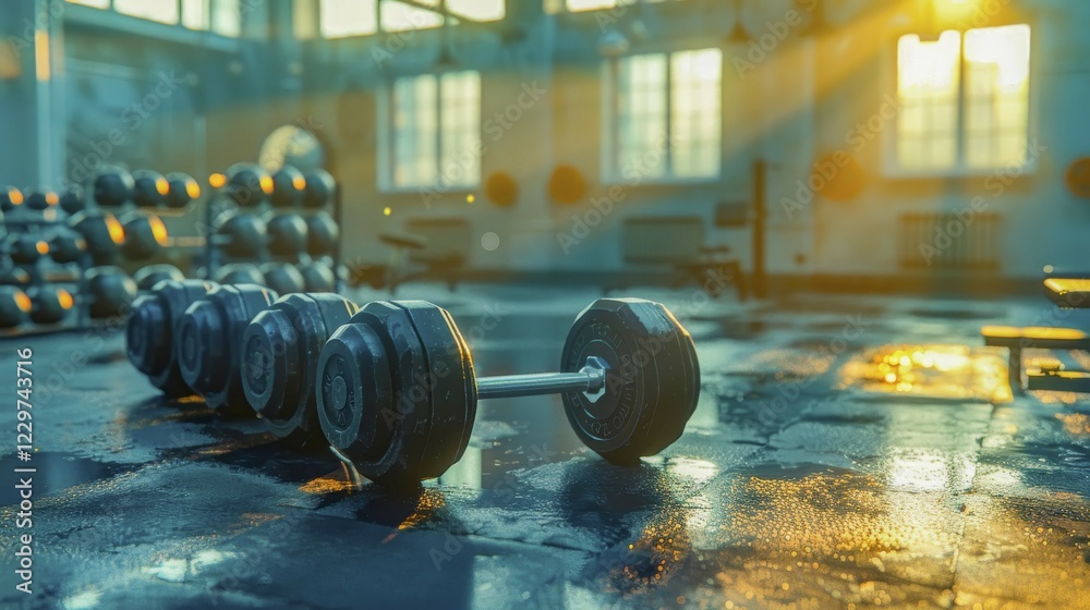 Obraz premium Gym with dumbbells on a wet floor, bathed in warm, glowing sunlight creating a focused atmosphere, AI generated