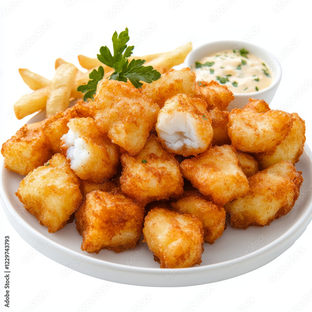 Golden-brown fish nuggets, crispy fries, and creamy sauce. Golden-brown fish nuggets, crispy fries, and creamy sauce.