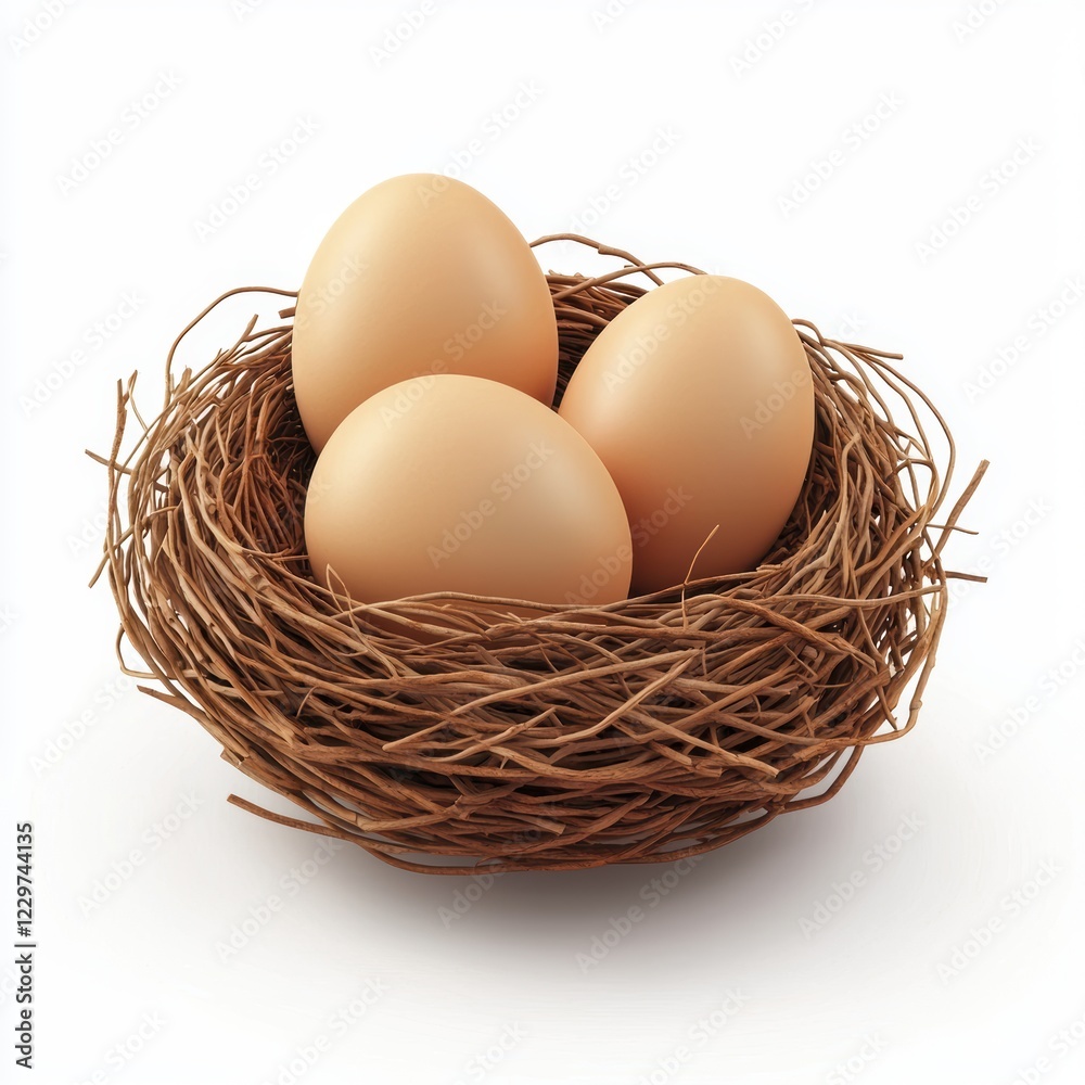 rustic nest with three light brown eggs, resting on a clean white background rustic nest with three light brown eggs, resting on a clean white background