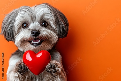 Havanese - my beloved dog. Cute havanese canine with companion toy red heart - sign of love, funny greeting card. Ad campaign concept graphic design idea. Valentine's cards for dog lovers. photo