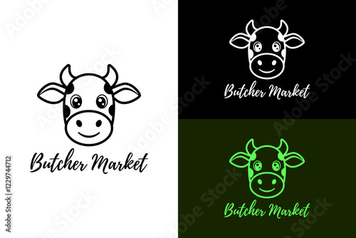 a happy head of cow, outlines, icon, logo, butcher shop, diary, farm, butcher market logo, farmers market, meat shop, butcher service, slaughterhouse, supermarket, superstore, gourmet food, vector