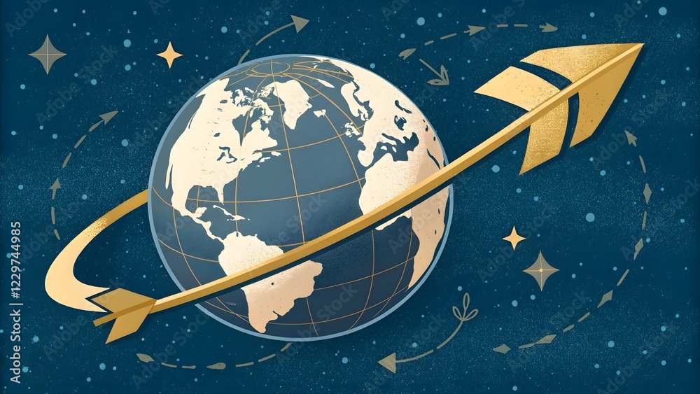 Globe with Arrow Illustrating Movement Through Space and Time Globe with Arrow Illustrating Movement Through Space and Time