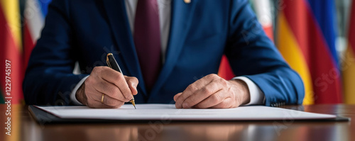 diplomat signing international agreement with pen, showcasing professionalism and commitment. background features various flags, symbolizing global cooperation and diplomacy photo