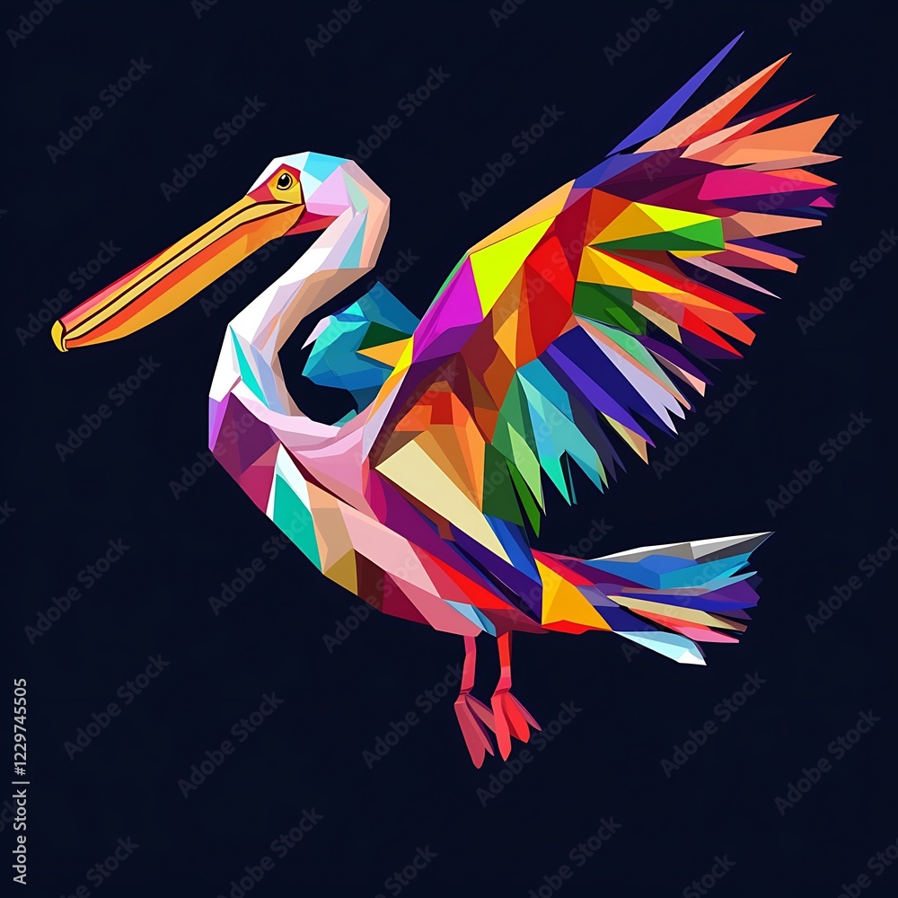 Obraz premium Colorful polygonal pelican in flight against dark background. Possible use Art print, phone wallpaper