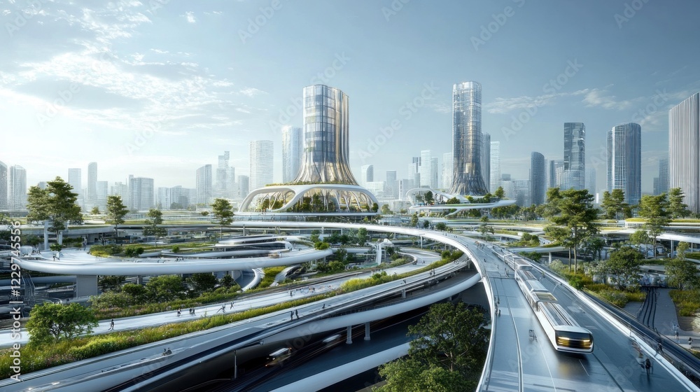 Fototapeta premium Futuristic Cityscape with Elevated Highways and Lush Greenery
