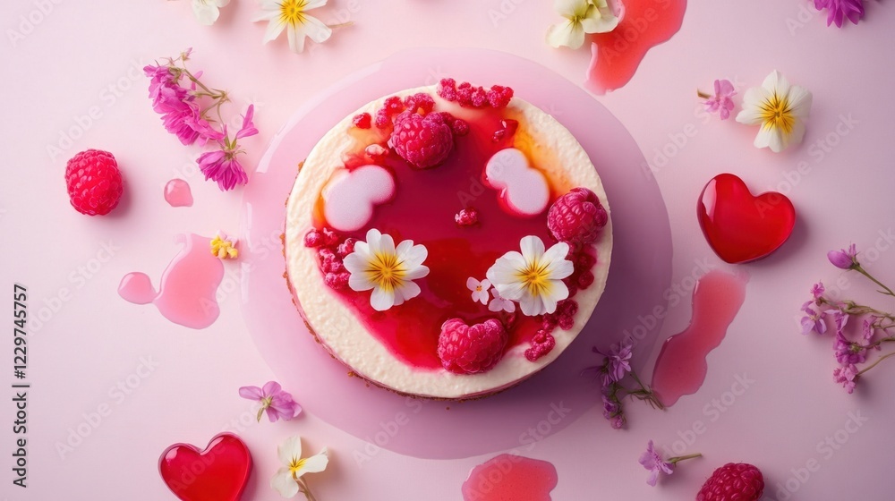 A creamy Valentine cheesecake topped with raspberry sauce, heart-shaped fruit slices, and edible flowers, on a light background A creamy Valentine cheesecake topped with raspberry sauce, heart-shaped fruit slices, and edible flowers, on a light background