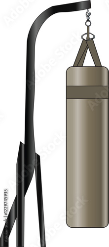 Illustration of a punching bag for boxing training tied to an iron hanger. 