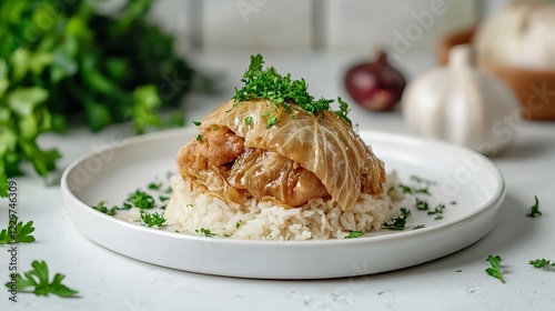 Stuffed cabbage rolls with rice served on a white table, traditional dish in a rustic setting, delicious homemade meal for comfort food lovers photo