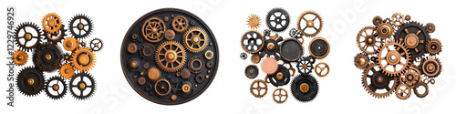 Assortment of vintage metallic gears cogs and clockwork mechanism elements arranged in an abstract industrial design composition  Mechanical parts and machinery symbols representing engineering photo