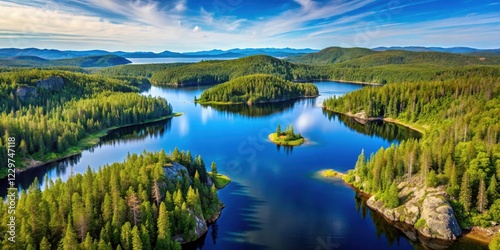 Panoramic aerial view of Pukaskwa National Park's vast wilderness area with towering trees and sparkling lakes , park photo