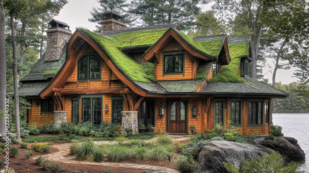 A beautiful nature-inspired home with large windows and a green roof. A beautiful nature-inspired home with large windows and a green roof.
