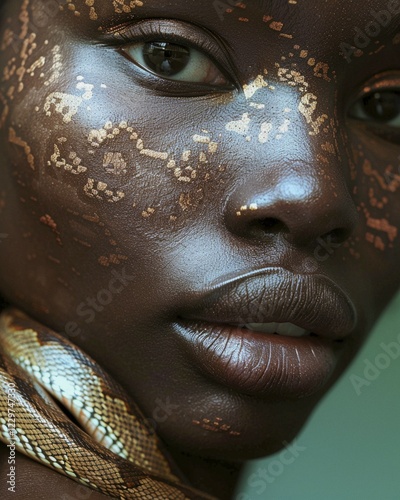 Close-up of african dark skinned beautifiul woman's facial features accentuated with golden, textured makeup, blurry teal turquoise solid background, beauty product studio lights, fashion artsy make up, high concept potraiture, AI generated photo