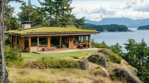 A beautiful nature-inspired home with large windows and a green roof.