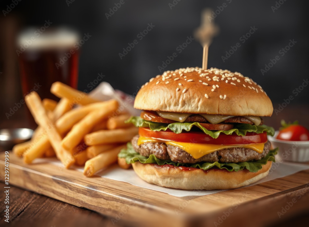 Juicy beef delicious tasty burger on a wooden tablet. Fresh hamburger. Junk fast food. Presented in a hearty meal restaurant-style composition. Burger menu, crispy tasty french fries and the burger Juicy beef delicious tasty burger on a wooden tablet. Fresh hamburger. Junk fast food. Presented in a hearty meal restaurant-style composition. Burger menu, crispy tasty french fries and the burger