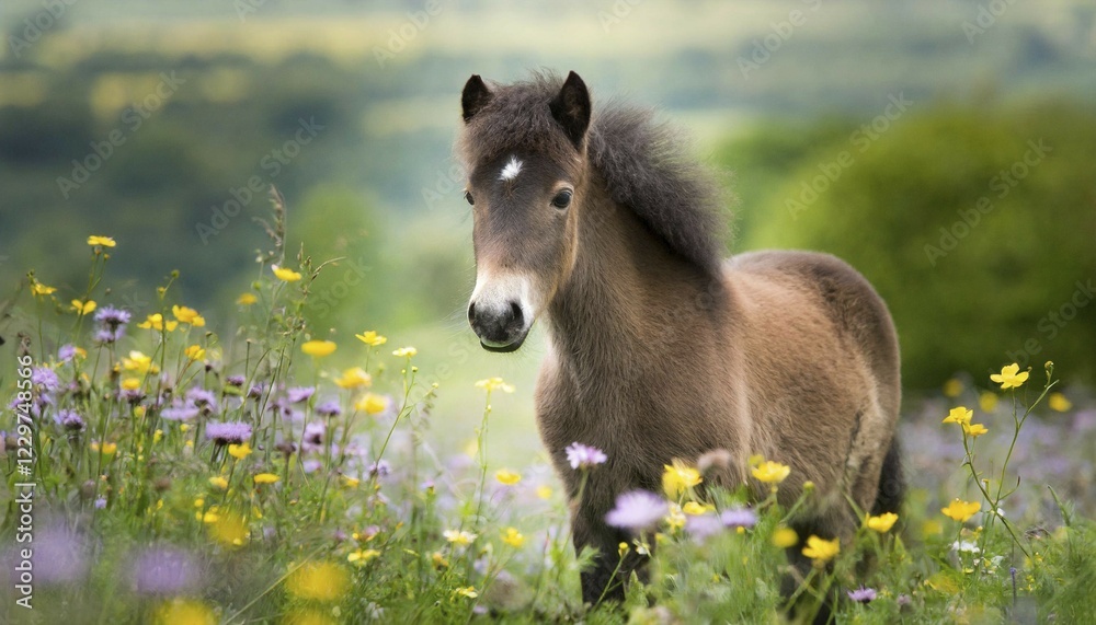 Fototapeta premium KI generated, animal, animals, mammal, mammals, biotope, habitat, one, individual animal, foraging, wildlife, meadow, pasture, Exmoor pony, horse, horses, ungulates, English pony breed, South West England, Exmoor, (Equus ferus caballus), foal, flower meadow