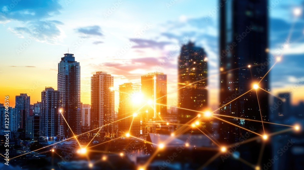 Obraz premium line connection urban cityscape sunset skyline with silhouettes of skyscrapers and glowing warm hues