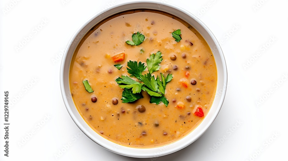 Creamy Lentil Soup with Fresh Cilantro Garnish in White Bowl Creamy Lentil Soup with Fresh Cilantro Garnish in White Bowl