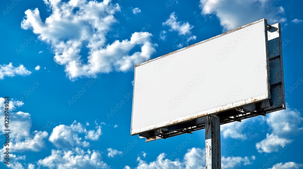 Empty White Billboard Against a Blue Sky with Fluffy White Clouds, Advertising, Marketing Concept. Empty White Billboard Against a Blue Sky with Fluffy White Clouds, Advertising, Marketing Concept.
