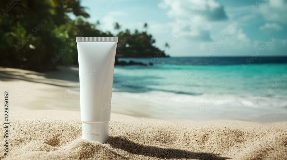 On left side of image white cosmetics cream tube without labels, tube stays on sand , blurred Maldives beach on background, mockup On left side of image white cosmetics cream tube without labels, tube stays on sand , blurred Maldives beach on background, mockup