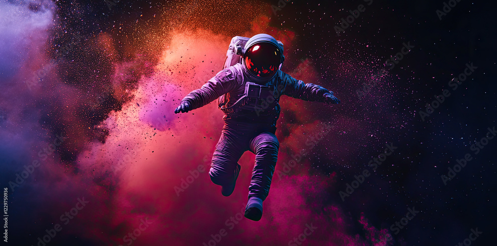 Fototapeta premium Astronaut Floating in Space with Vibrant Colorful Nebula - Cosmic Exploration Art