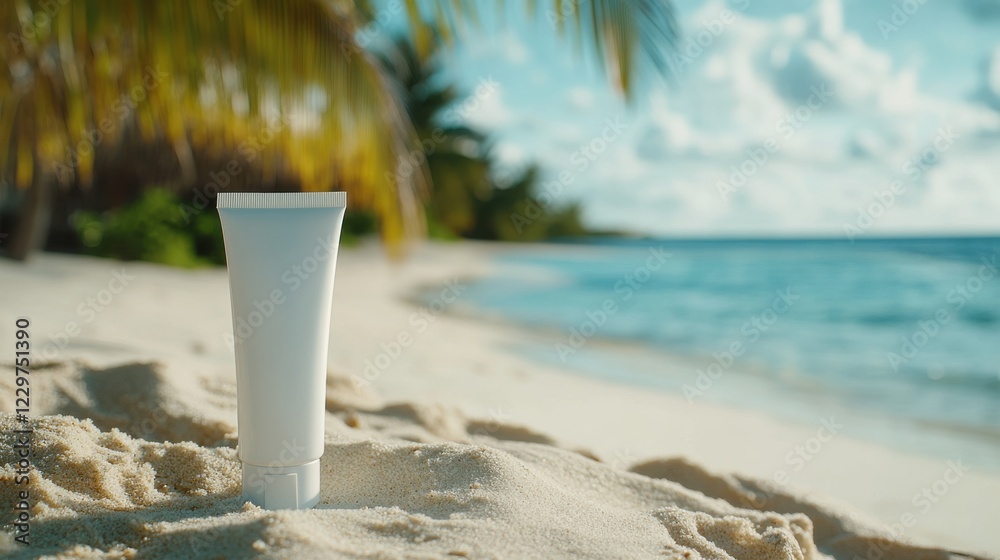On left side of image white cosmetics cream tube without labels, tube stays on sand , blurred Maldives beach on background, mockup On left side of image white cosmetics cream tube without labels, tube stays on sand , blurred Maldives beach on background, mockup