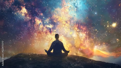 A man meditating in the lotus position against the background of a multicolored sky
