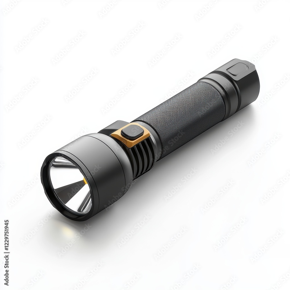 rechargeable LED flashlight with a built-in battery indicator, placed on a clean white background rechargeable LED flashlight with a built-in battery indicator, placed on a clean white background