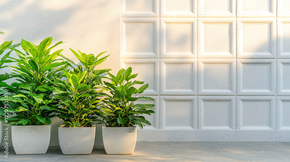 Fototapeta premium Lush green plants in white pots against clean white geometric wall, creating serene and modern atmosphere. sunlight casts gentle shadows, enhancing tranquil setting