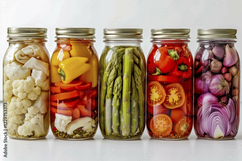 Different types of pickled vegetables in preserving jars on a neutral background, AI generated, AI generated