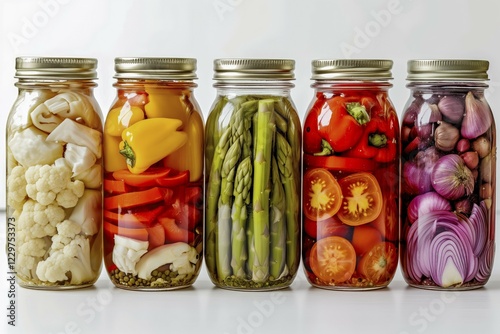 Different types of pickled vegetables in preserving jars on a neutral background, AI generated, AI generated
