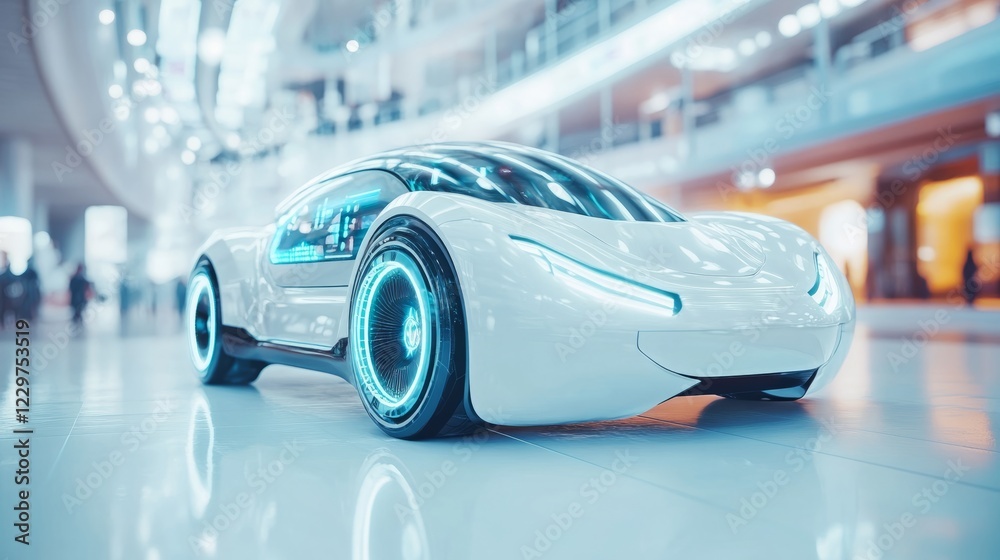 Obraz premium A white car with neon lights on the wheels. The car is parked in a parking lot. There are people walking around the parking lot