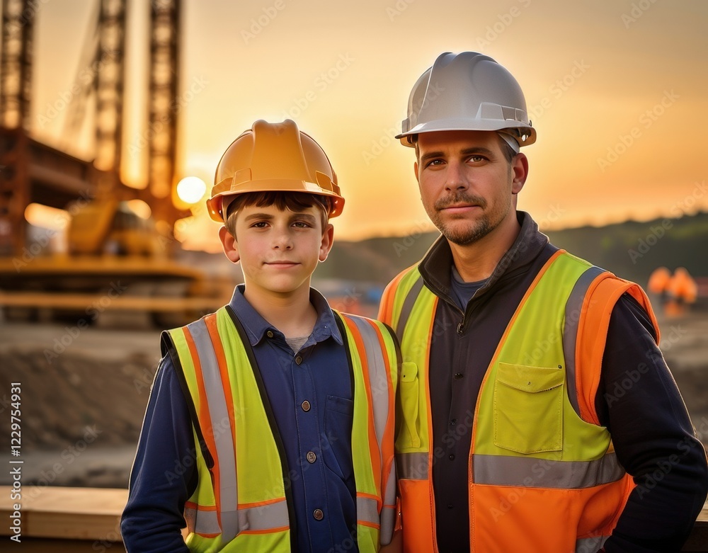 Father and Son in High-Visibility Safety Gear at a Construction Site During Sunset Father and Son in High-Visibility Safety Gear at a Construction Site During Sunset
